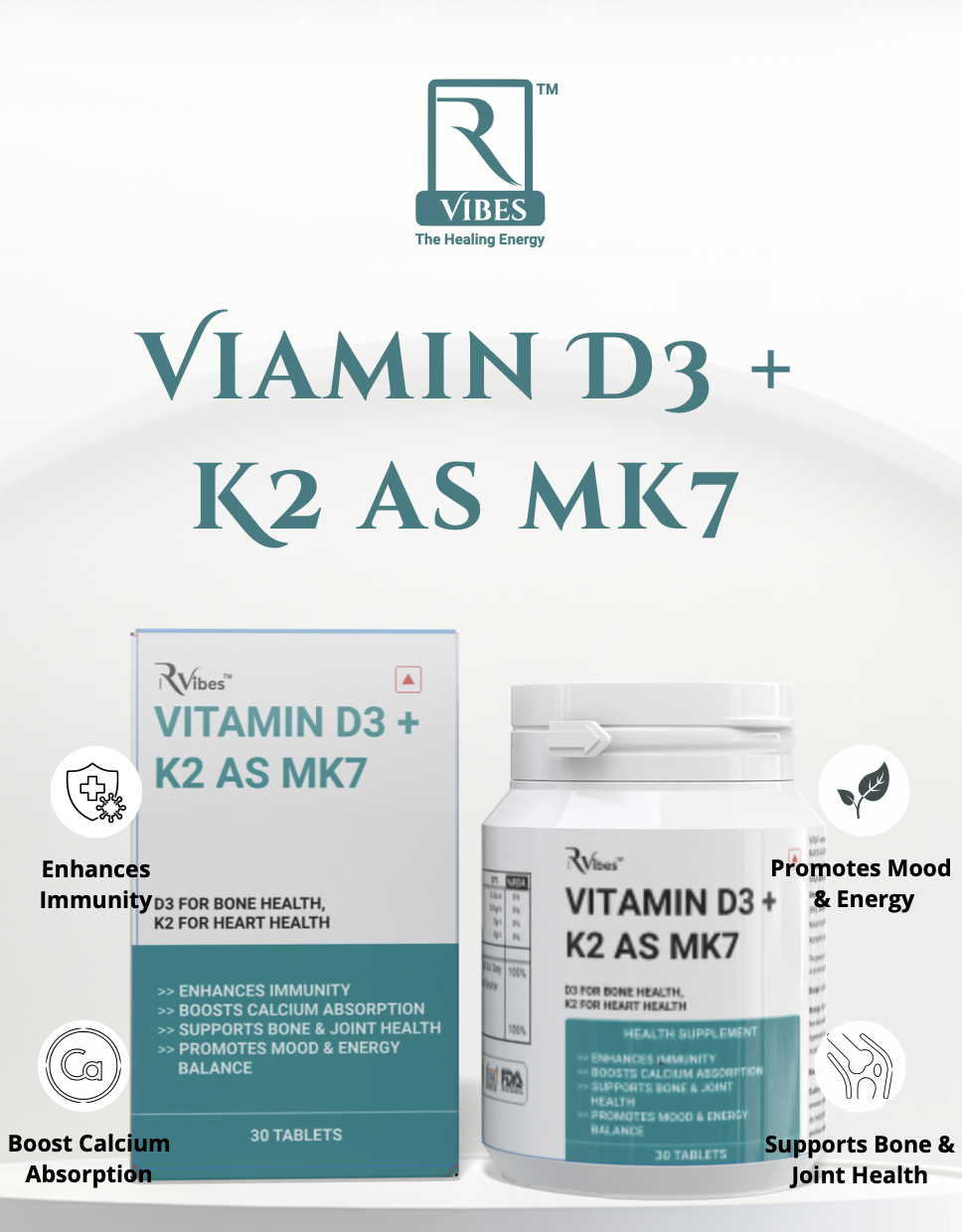 RVibes Vitamin D3 + K2 (MK7) Tablets (30 Tablets)